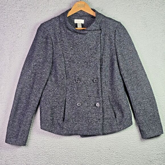 Loft Tweed Double Breasted Gray Crop Jacket Blazer Medium Trendy Structured - Picture 15 of 15